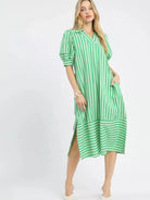 Umgee Harbour Breeze Green Stripe Midi Dress with Puff Sleeves-Women's Dresses-Shop Z & Joxa