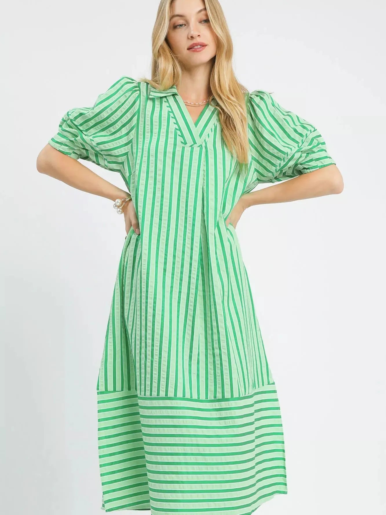 Umgee Harbour Breeze Green Stripe Midi Dress with Puff Sleeves-Women's Dresses-Shop Z & Joxa