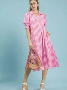 Umgee Harbour Breeze Pink Stripe Midi Dress with Puff Sleeves-Women's Dresses-Shop Z & Joxa