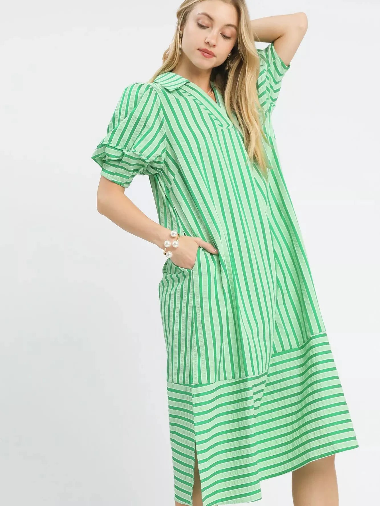 Umgee Harbour Breeze Striped Midi Dress with Puff Sleeves-Women's Dresses-Shop Z & Joxa