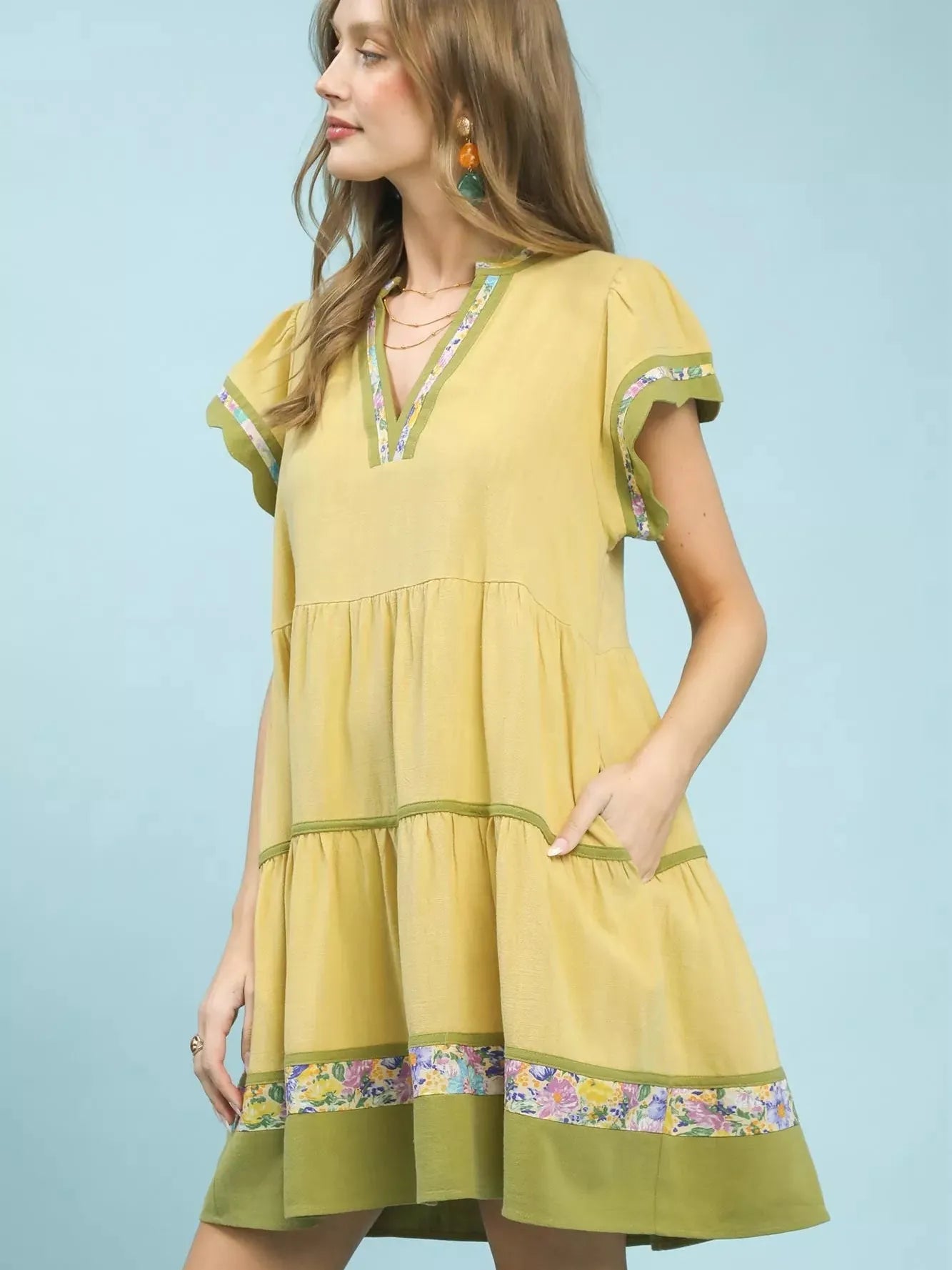 Umgee Honey Blossom Tiered Flutter Sleeve Dress with Floral-Women's Dresses-Shop Z & Joxa