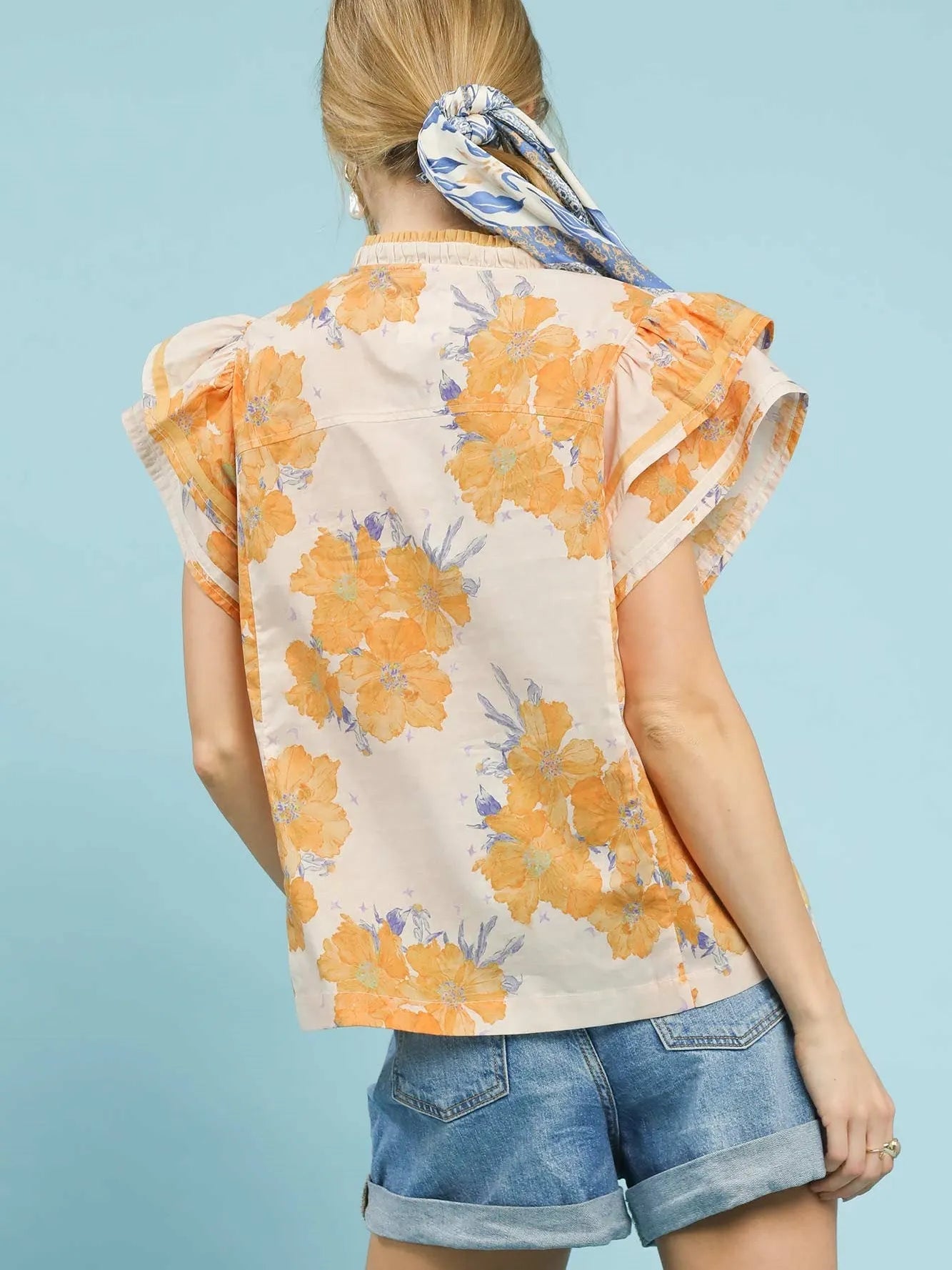 Umgee Honey Flutter Floral Print Ruffle Sleeve Blouse-Women's Shirts & Tops-Shop Z & Joxa