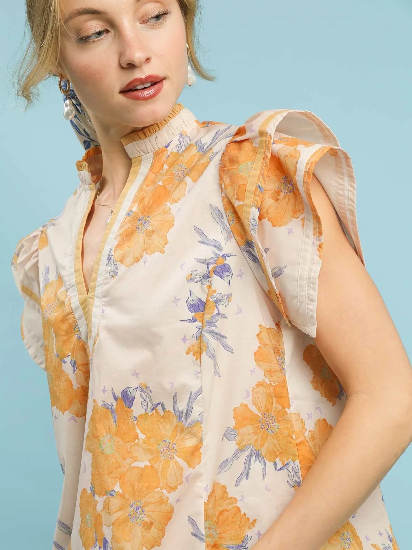 Umgee Honey Flutter Floral Print Ruffle Sleeve Blouse-Women's Shirts & Tops-Shop Z & Joxa