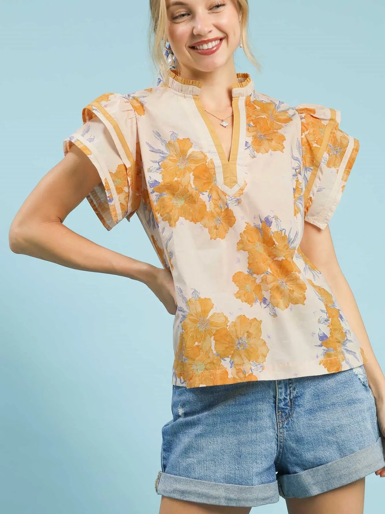 Umgee Honey Flutter Floral Print Ruffle Sleeve Blouse-Women's Shirts & Tops-Shop Z & Joxa
