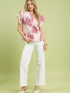 Umgee Honey Flutter Floral Print Ruffle Sleeve Blouse in Pink-Women's Shirts & Tops-Shop Z & Joxa