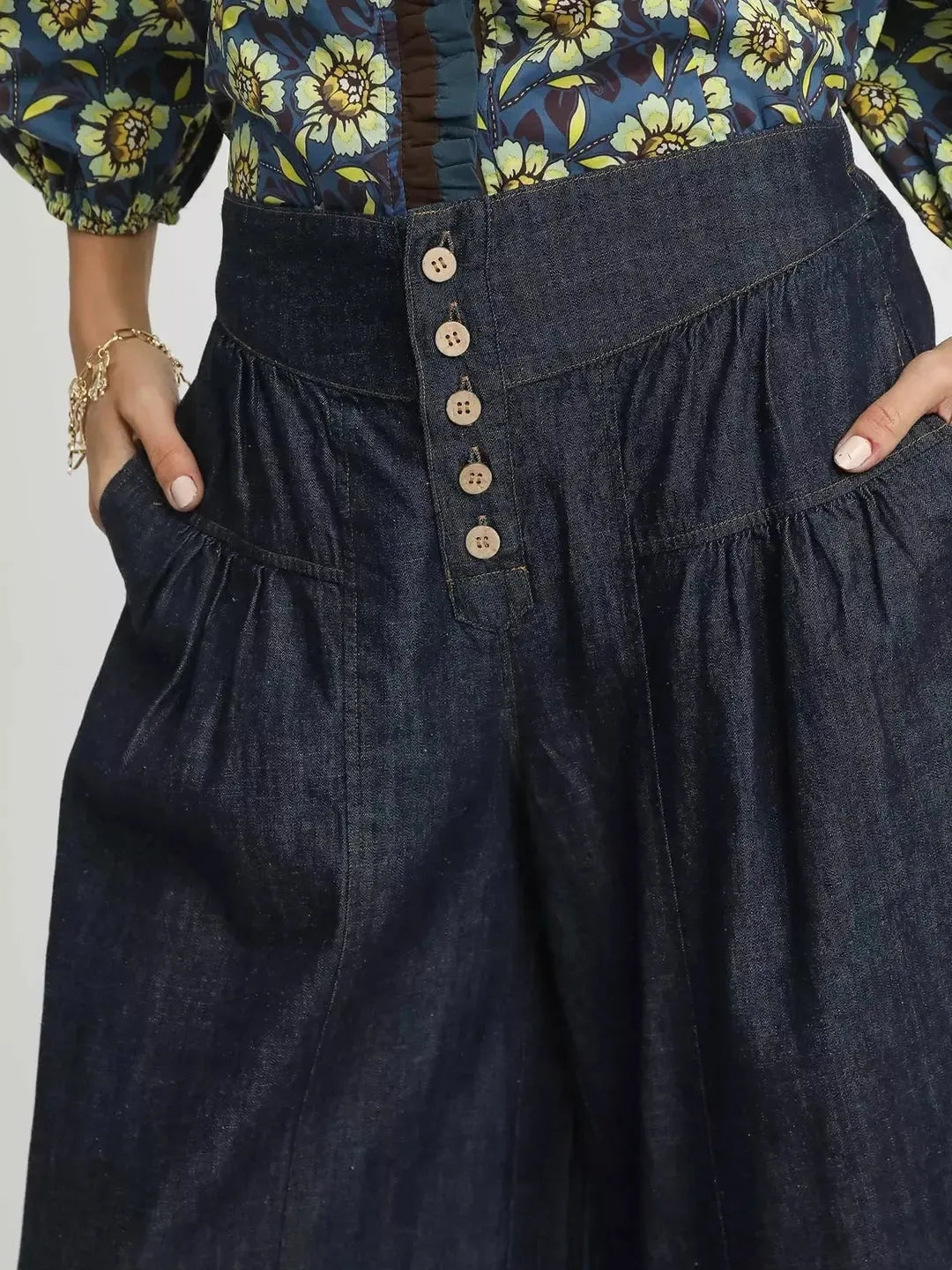 Umgee Indigo Breeze Stone Washed Wide-Leg Button-Front Culottes-Women's Pants-Shop Z & Joxa