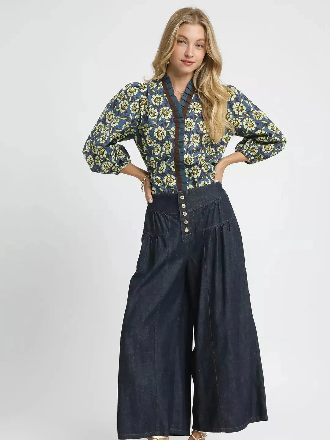 Umgee Indigo Breeze Stone Washed Wide-Leg Button-Front Culottes-Women's Pants-Shop Z & Joxa