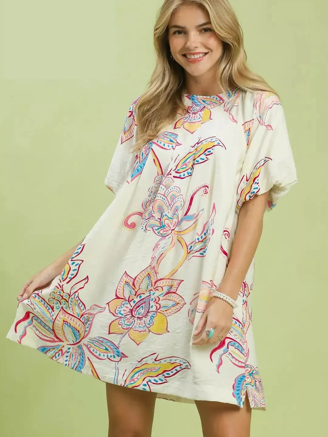 Umgee Ivory Prairie Bloom Boho Floral Print Mini Dress-Women's Dresses-Shop Z & Joxa