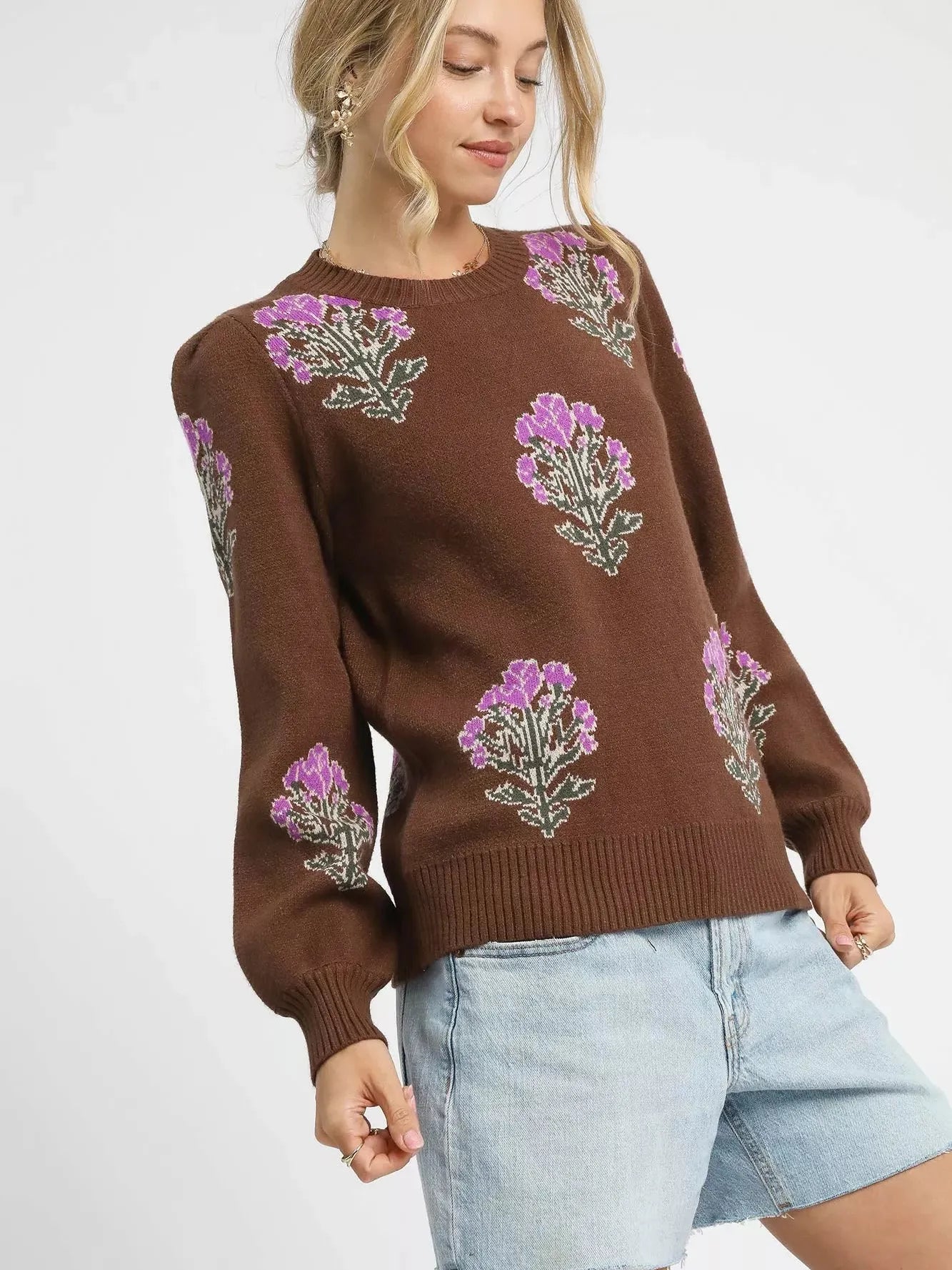 Umgee Jacquard Bloom Single Flower Long Sleeve Sweater-Women's Shirts & Tops-Shop Z & Joxa