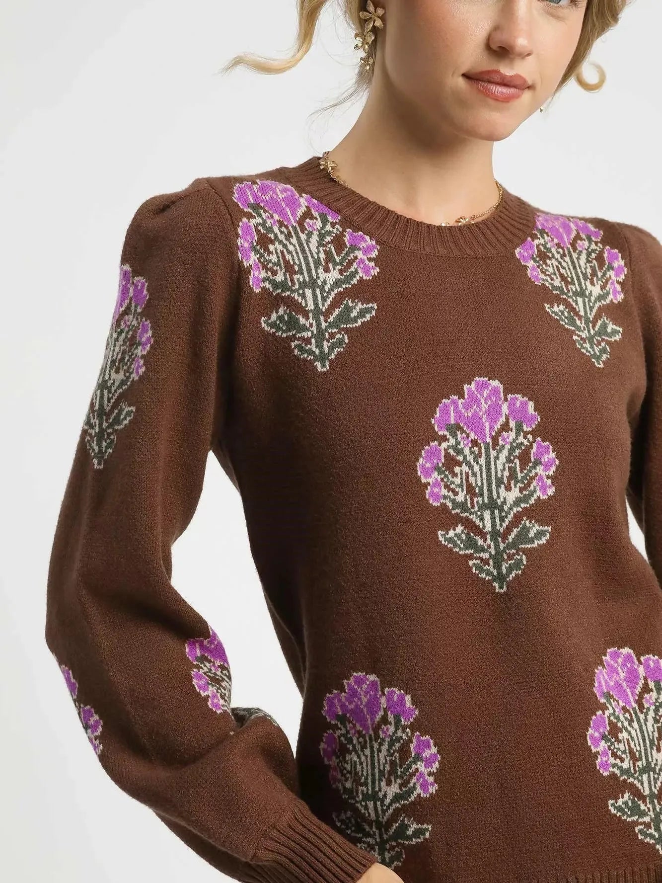 Umgee Jacquard Bloom Single Flower Long Sleeve Sweater-Women's Shirts & Tops-Shop Z & Joxa