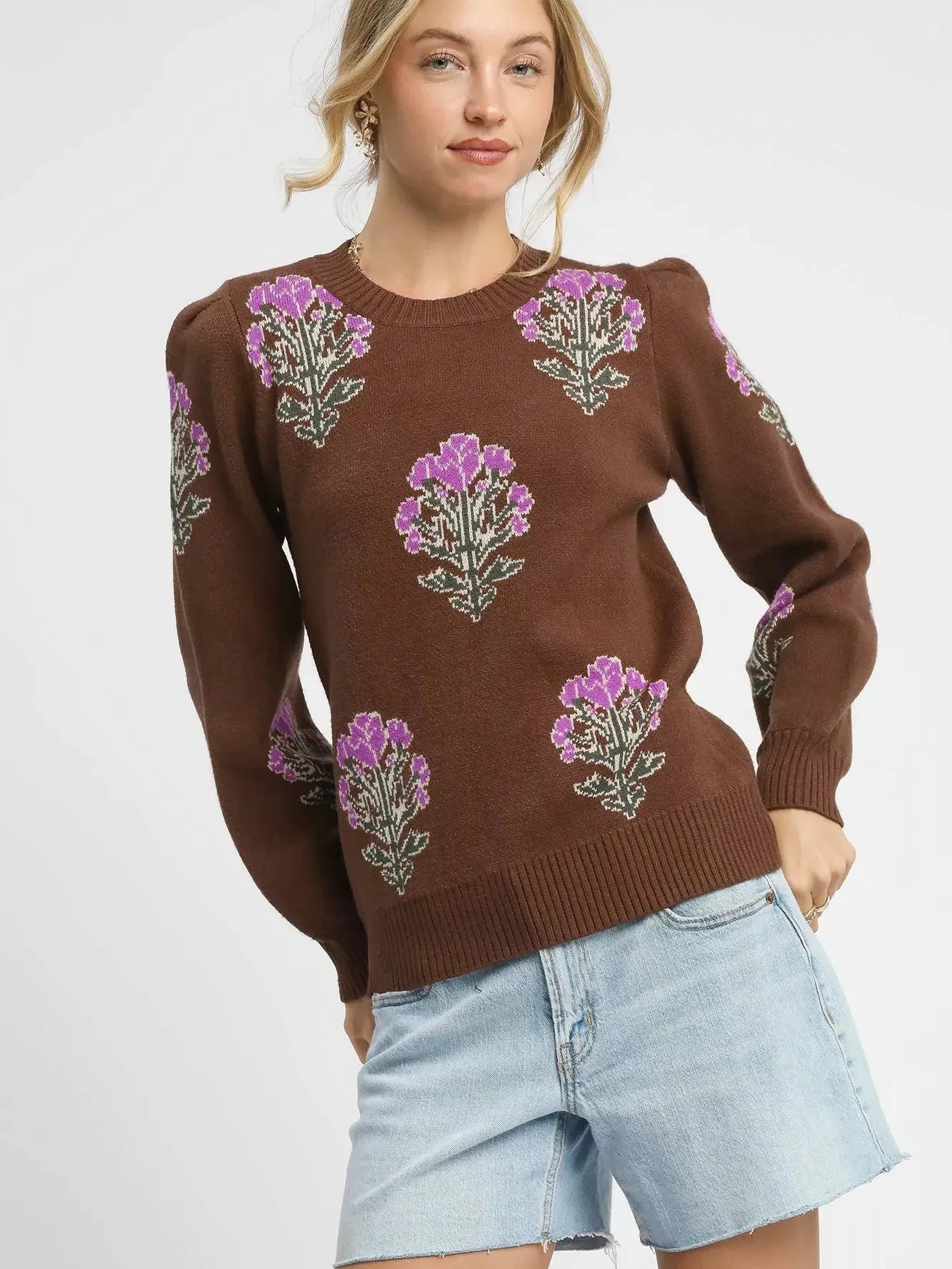 Umgee Jacquard Bloom Single Flower Long Sleeve Sweater-Women's Shirts & Tops-Shop Z & Joxa