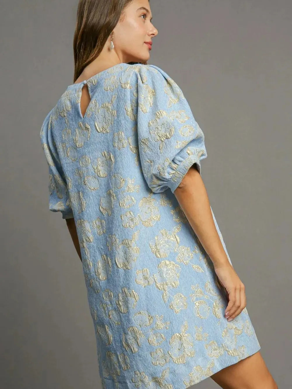 Umgee Jacquard Jewel Floral Puff Sleeve Mini Dress-Women's Dresses-Shop Z & Joxa