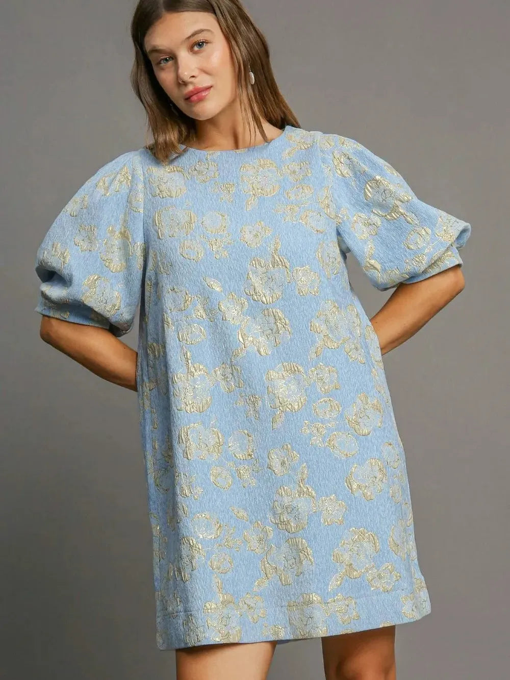 Umgee Jacquard Jewel Floral Puff Sleeve Mini Dress-Women's Dresses-Shop Z & Joxa