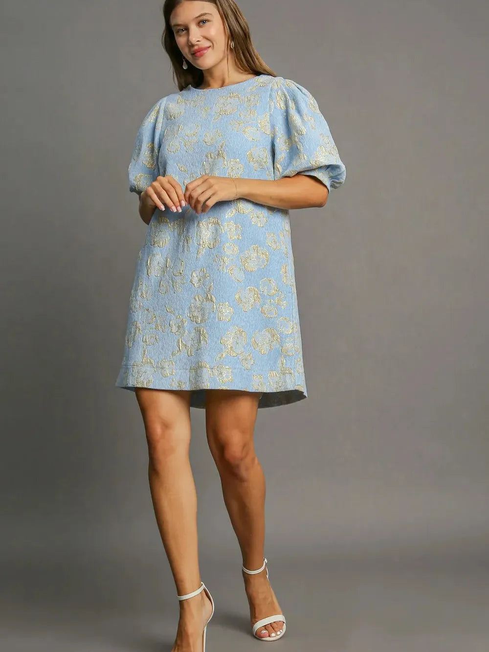 Umgee Jacquard Jewel Floral Puff Sleeve Mini Dress-Women's Dresses-Shop Z & Joxa