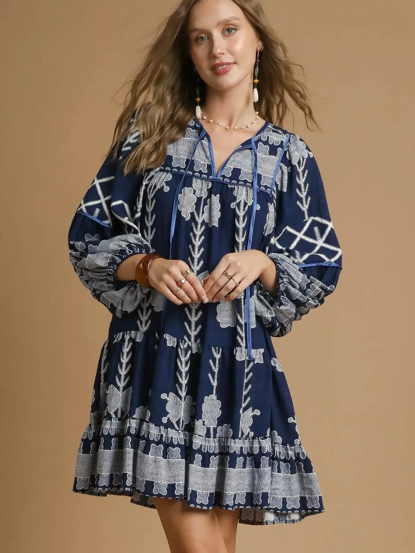 Umgee KnotQuest Tribal Print Mini Dress with Tie Neck-Women's Dresses-Shop Z & Joxa