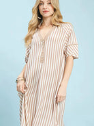 Umgee Latte Breeze Coastal Stripe Midi Dress with Side Slit-Women's Dresses-Shop Z & Joxa