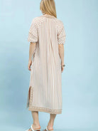 Umgee Latte Breeze Coastal Stripe Midi Dress with Side Slit-Women's Dresses-Shop Z & Joxa