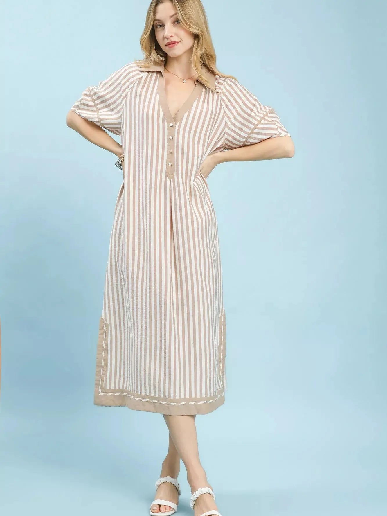 Umgee Latte Breeze Coastal Stripe Midi Dress with Side Slit-Women's Dresses-Shop Z & Joxa