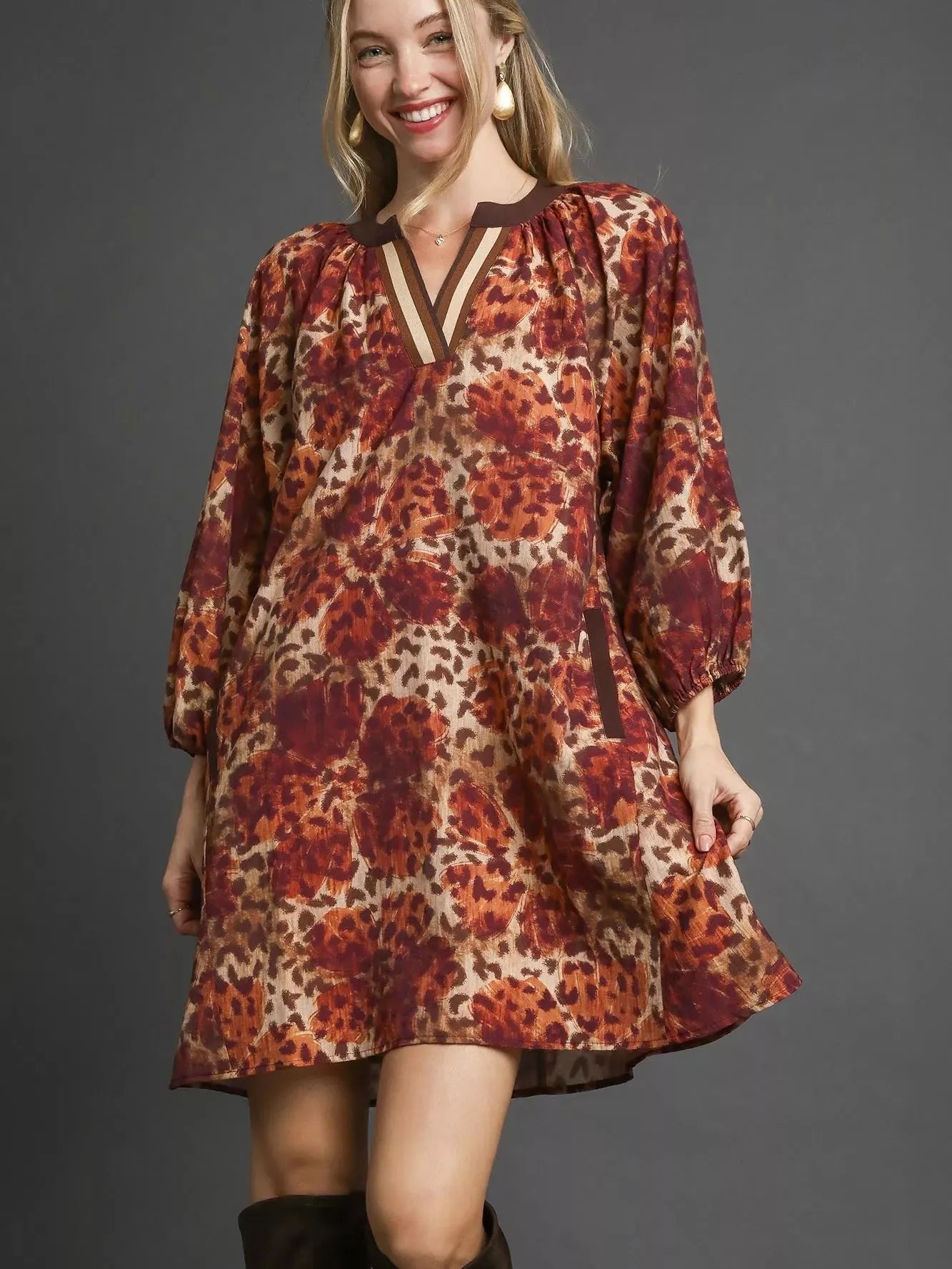 Umgee Latte Leap Animal Print Boho Tunic Contrast Trim Dress-Women's Dresses-Shop Z & Joxa