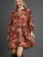 Umgee Latte Leap Animal Print Boho Tunic Contrast Trim Dress-Women's Dresses-Shop Z & Joxa