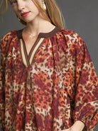 Umgee Latte Leap Animal Print Boho Tunic Contrast Trim Dress-Women's Dresses-Shop Z & Joxa