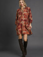 Umgee Latte Leap Animal Print Boho Tunic Contrast Trim Dress-Women's Dresses-Shop Z & Joxa