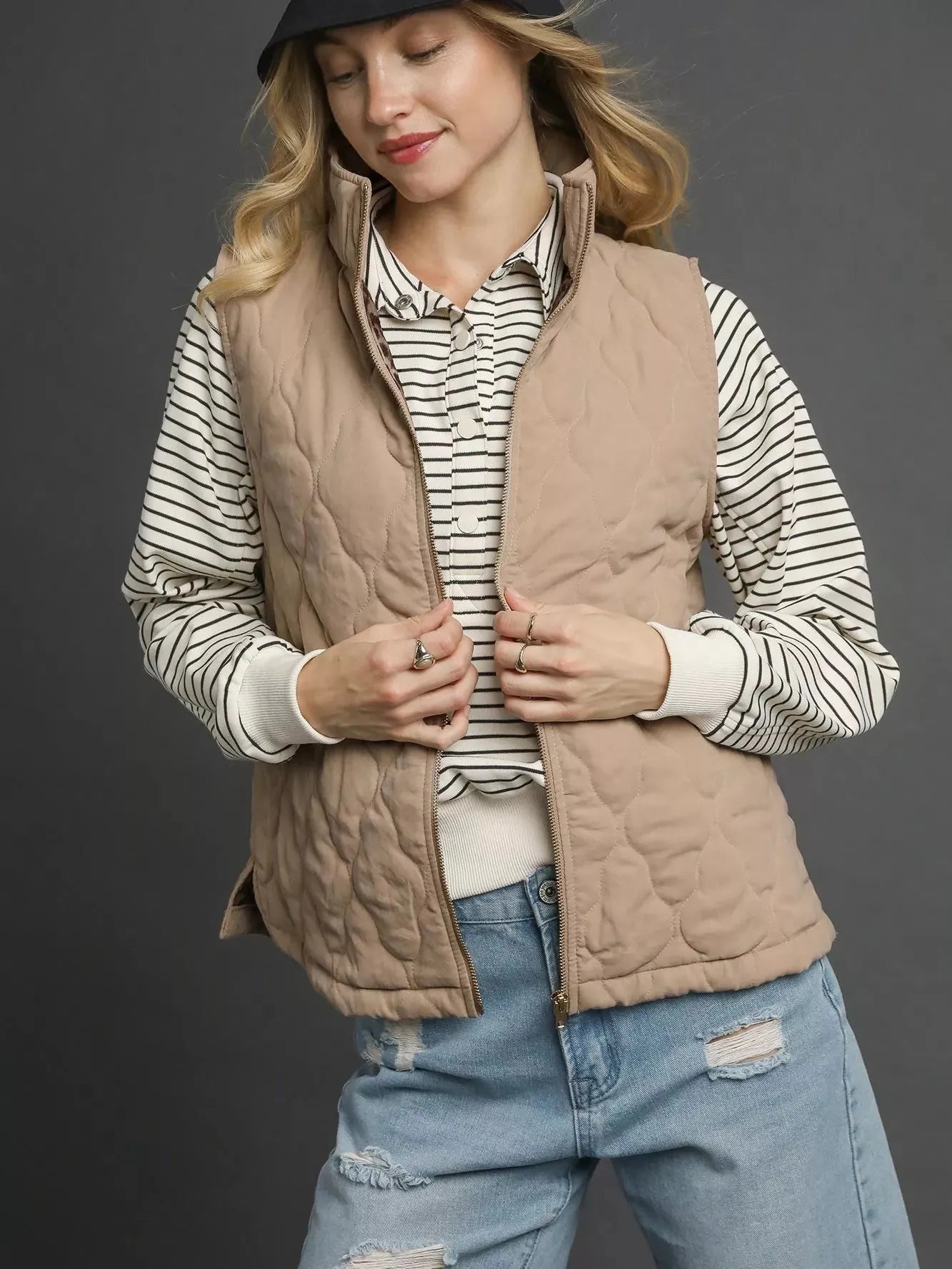 Umgee Latte Luxe Quilted Zip-Up Vest-Women's Shirts & Tops-Shop Z & Joxa