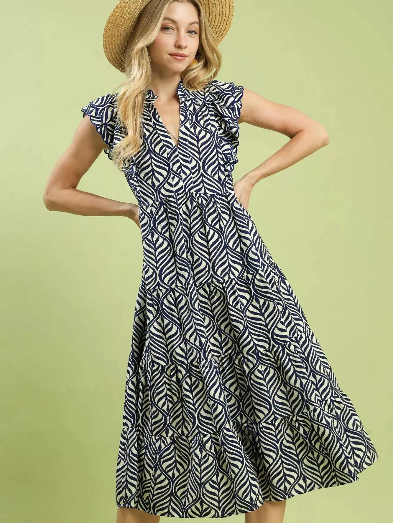 Umgee Leaf Twirl Tiered Midi Dress with Ruffle Detail-Women's Dresses-Shop Z & Joxa