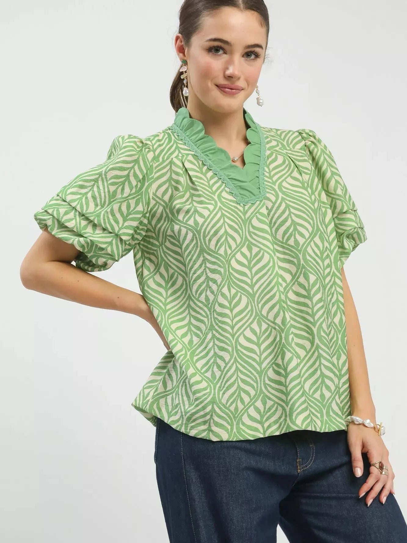 Umgee Leafy Luxe Puff Sleeve Printed Top with Ruffle Neck-Women's Shirts & Tops-Shop Z & Joxa