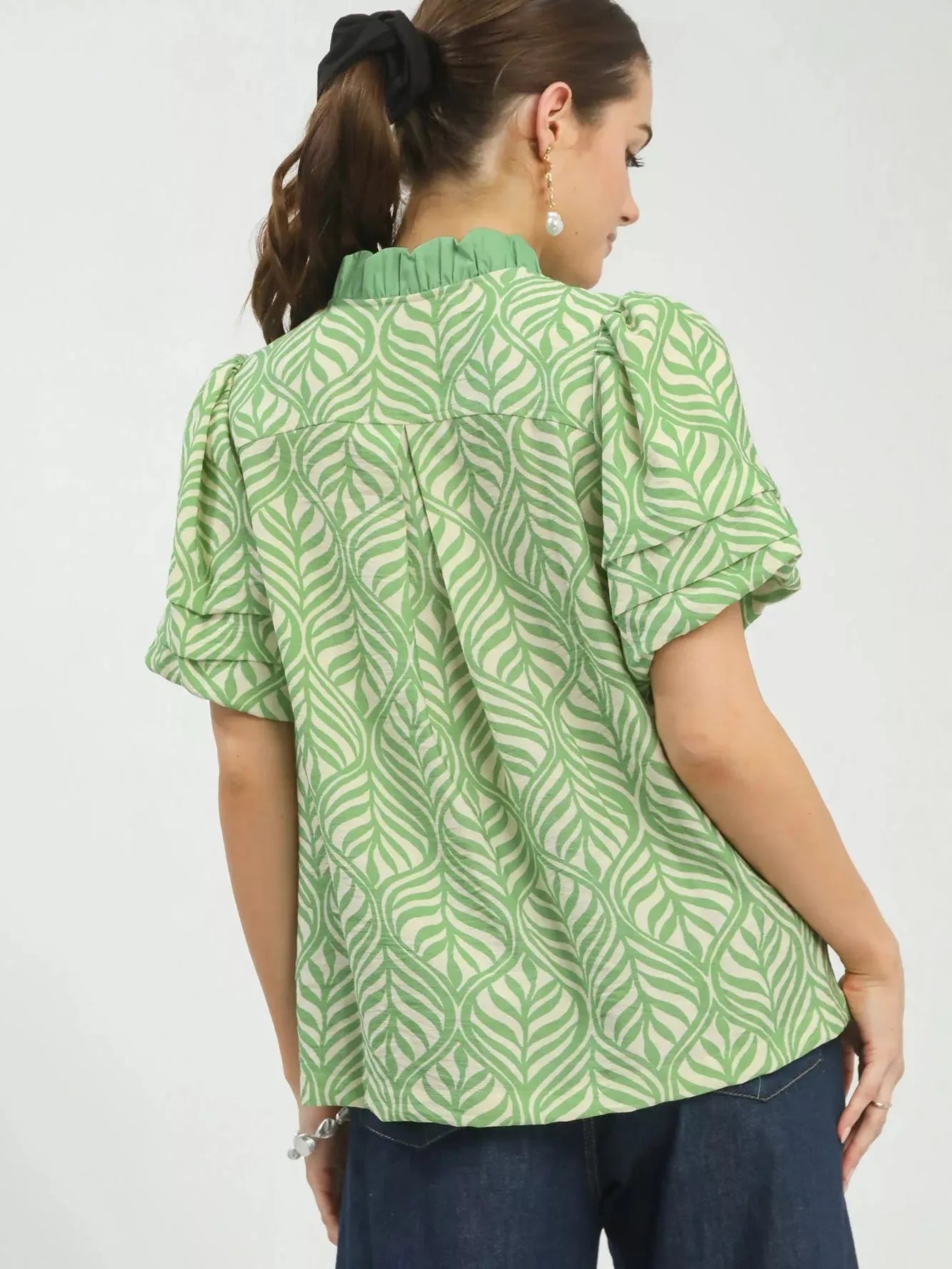 Umgee Leafy Luxe Puff Sleeve Printed Top with Ruffle Neck-Women's Shirts & Tops-Shop Z & Joxa