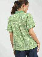 Umgee Leafy Luxe Puff Sleeve Printed Top with Ruffle Neck-Women's Shirts & Tops-Shop Z & Joxa