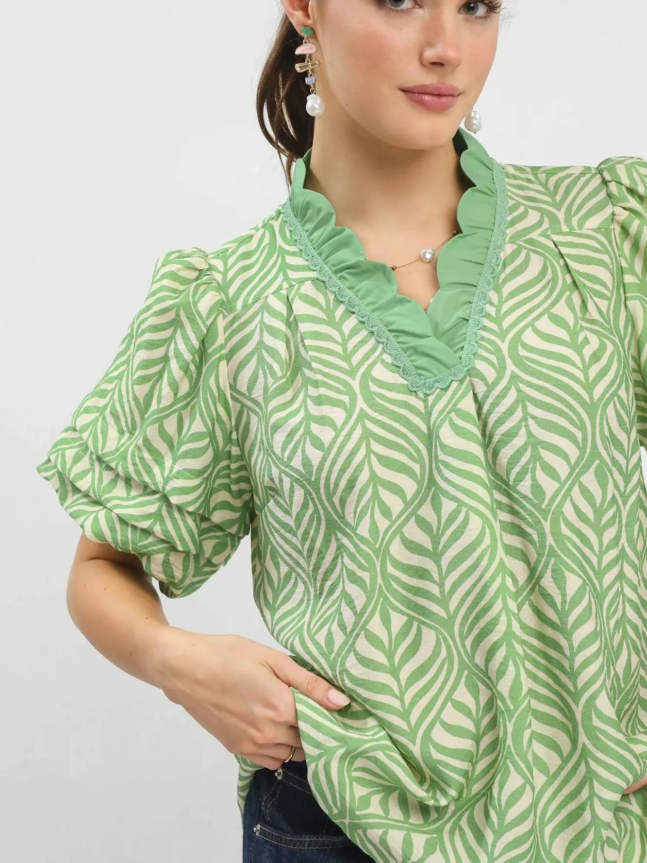 Umgee Leafy Luxe Puff Sleeve Printed Top with Ruffle Neck-Women's Shirts & Tops-Shop Z & Joxa