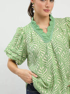 Umgee Leafy Luxe Puff Sleeve Printed Top with Ruffle Neck-Women's Shirts & Tops-Shop Z & Joxa