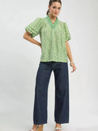 Umgee Leafy Luxe Puff Sleeve Printed Top with Ruffle Neck-Women's Shirts & Tops-Shop Z & Joxa