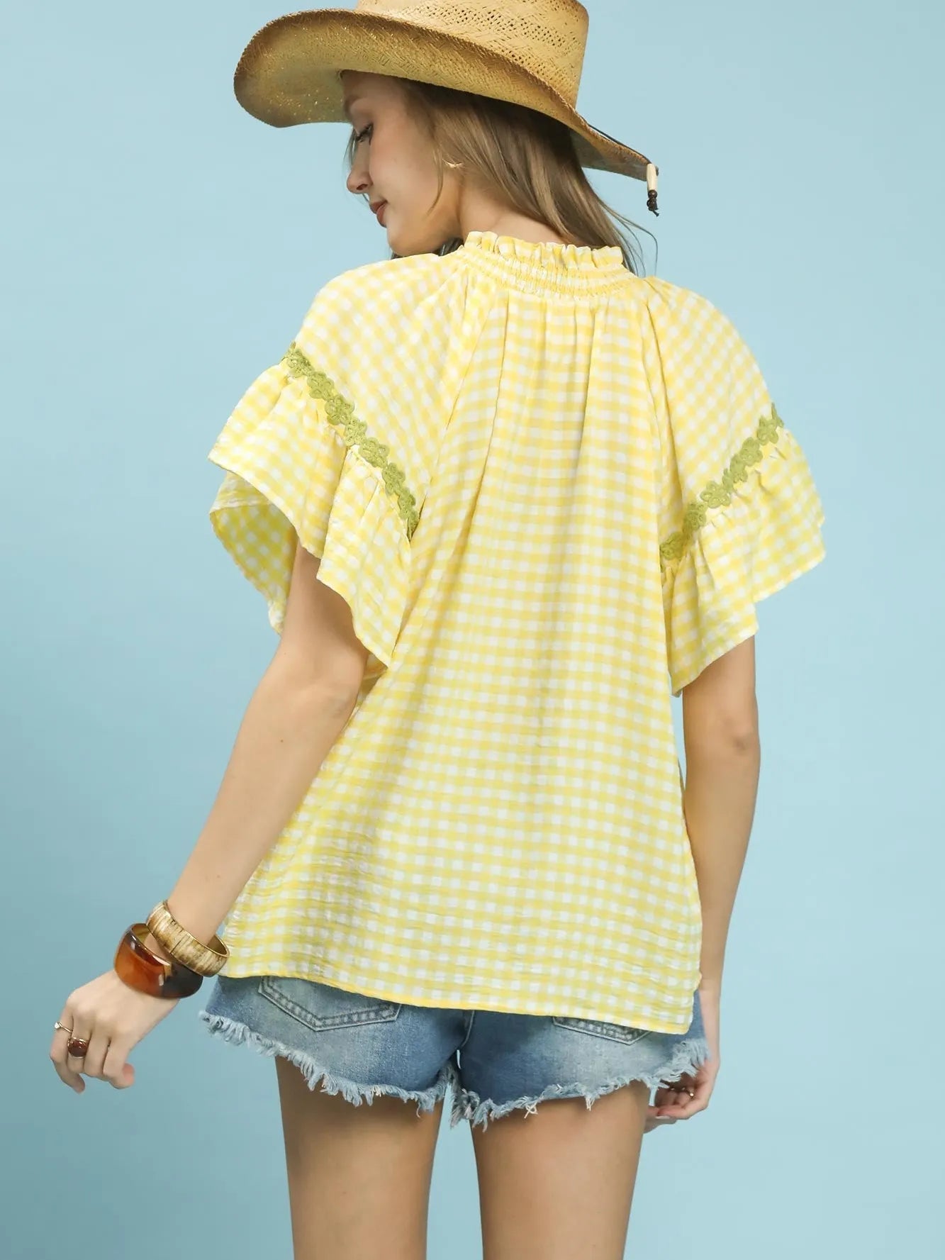 Umgee Lemon & Lace Gingham Lace Trim Top-Women's Shirts & Tops-Shop Z & Joxa