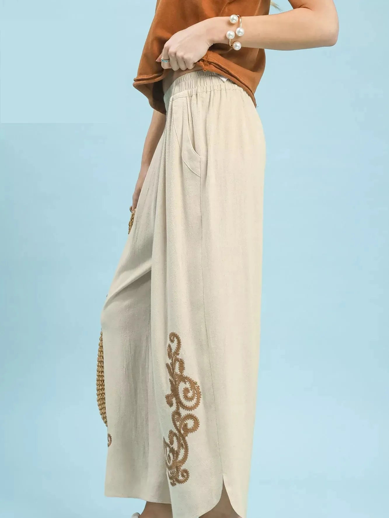 Umgee Linen Embroidered Wide-Leg Boho Pants in Cream-Women's Pants-Shop Z & Joxa