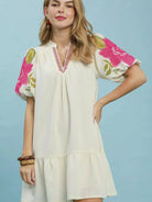 Umgee Magnolia Manor Jacquard Dress with Floral Sleeves-Women's Dresses-Shop Z & Joxa