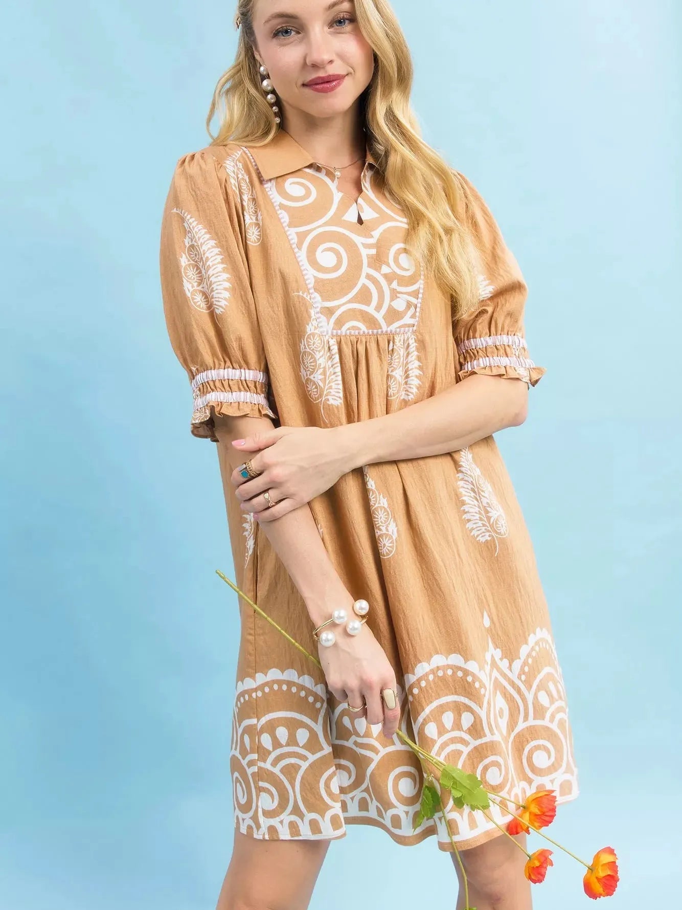 Umgee Mandala Me Pretty Paisley Print Babydoll Dress In Latte-Women's Dresses-Shop Z & Joxa