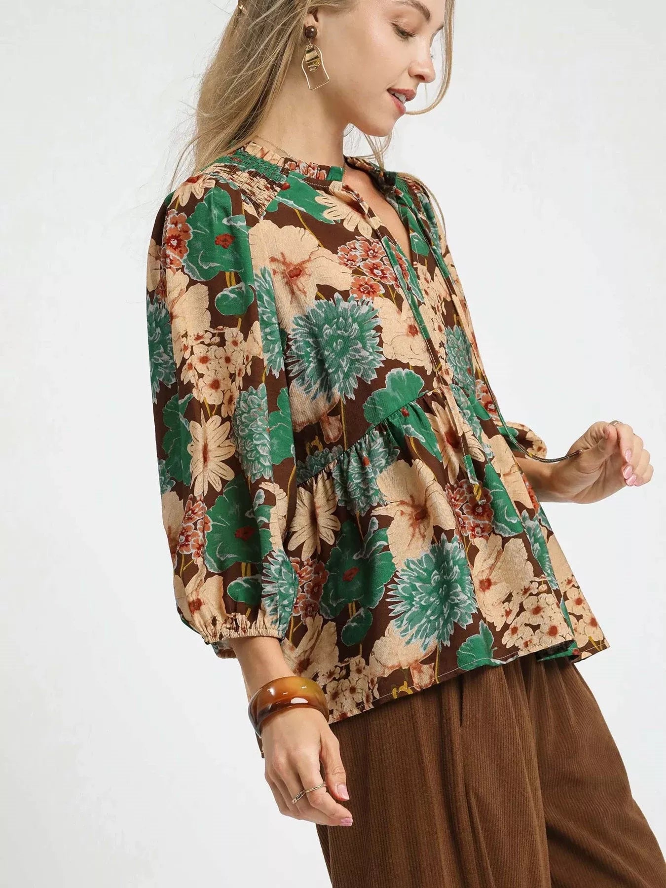 Umgee Meadow Muse Floral Peplum Blouse with Tie Neck-Women's Shirts & Tops-Shop Z & Joxa