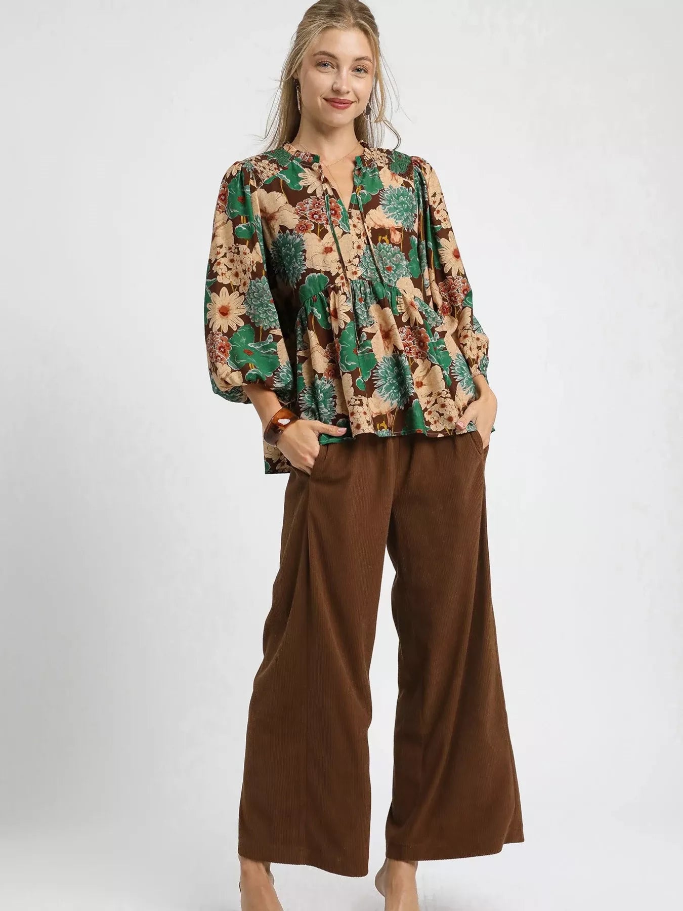 Umgee Meadow Muse Floral Peplum Blouse with Tie Neck-Women's Shirts & Tops-Shop Z & Joxa