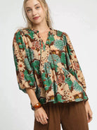 Umgee Meadow Muse Floral Peplum Blouse with Tie Neck-Women's Shirts & Tops-Shop Z & Joxa