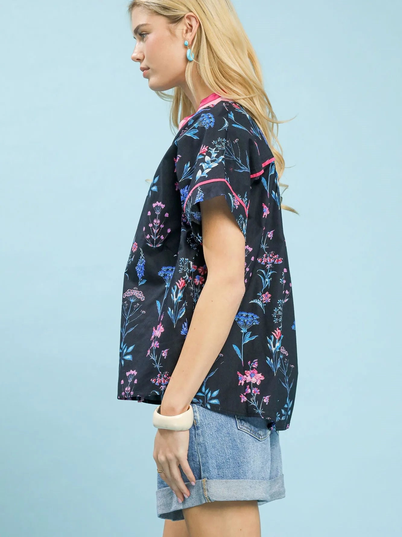 Umgee Midnight Botanica Floral Button Up Short Sleeve Top-Women's Shirts & Tops-Shop Z & Joxa
