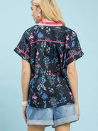Umgee Midnight Botanica Floral Button Up Short Sleeve Top-Women's Shirts & Tops-Shop Z & Joxa