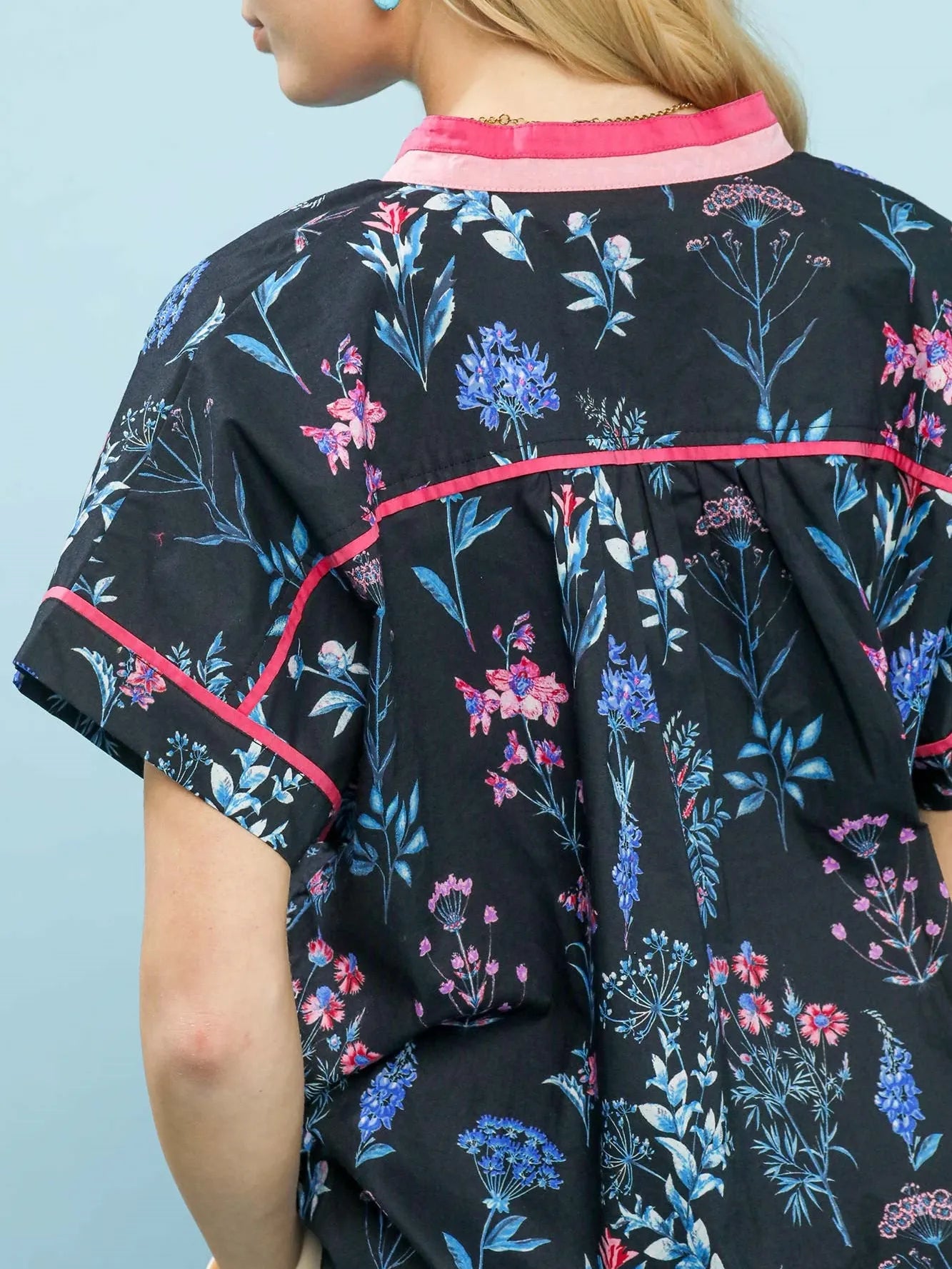 Umgee Midnight Botanica Floral Button Up Short Sleeve Top-Women's Shirts & Tops-Shop Z & Joxa