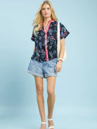 Umgee Midnight Botanica Floral Button Up Short Sleeve Top-Women's Shirts & Tops-Shop Z & Joxa