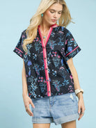 Umgee Midnight Botanica Floral Button Up Short Sleeve Top-Women's Shirts & Tops-Shop Z & Joxa