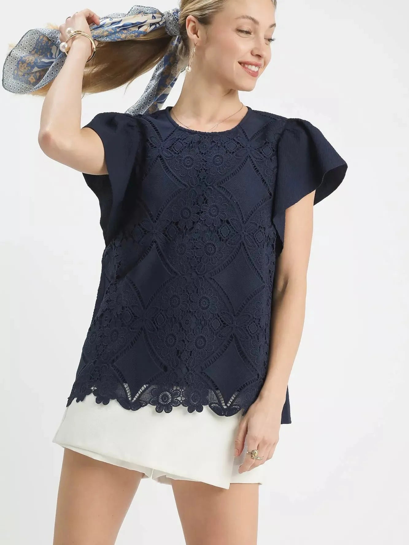 Umgee Midnight Flutter Floral Lace Overlay Flutter Sleeve Top-Women's Shirts & Tops-Shop Z & Joxa