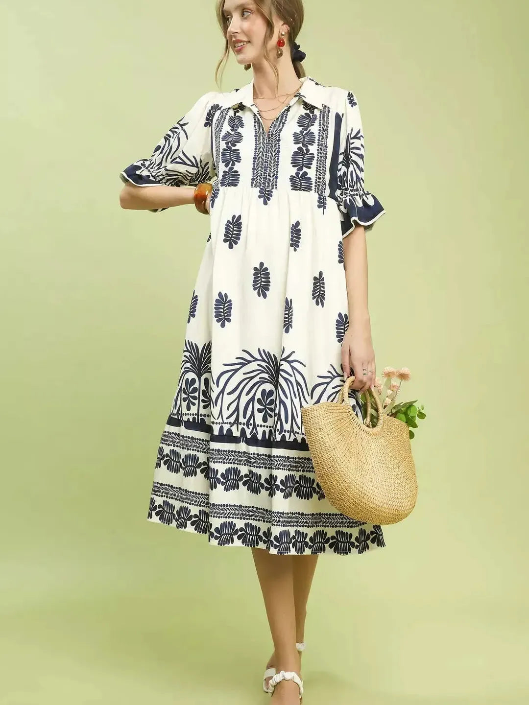 Umgee Midnight Garden Print Midi Dress with Puff Sleeves-Women's Dresses-Shop Z & Joxa