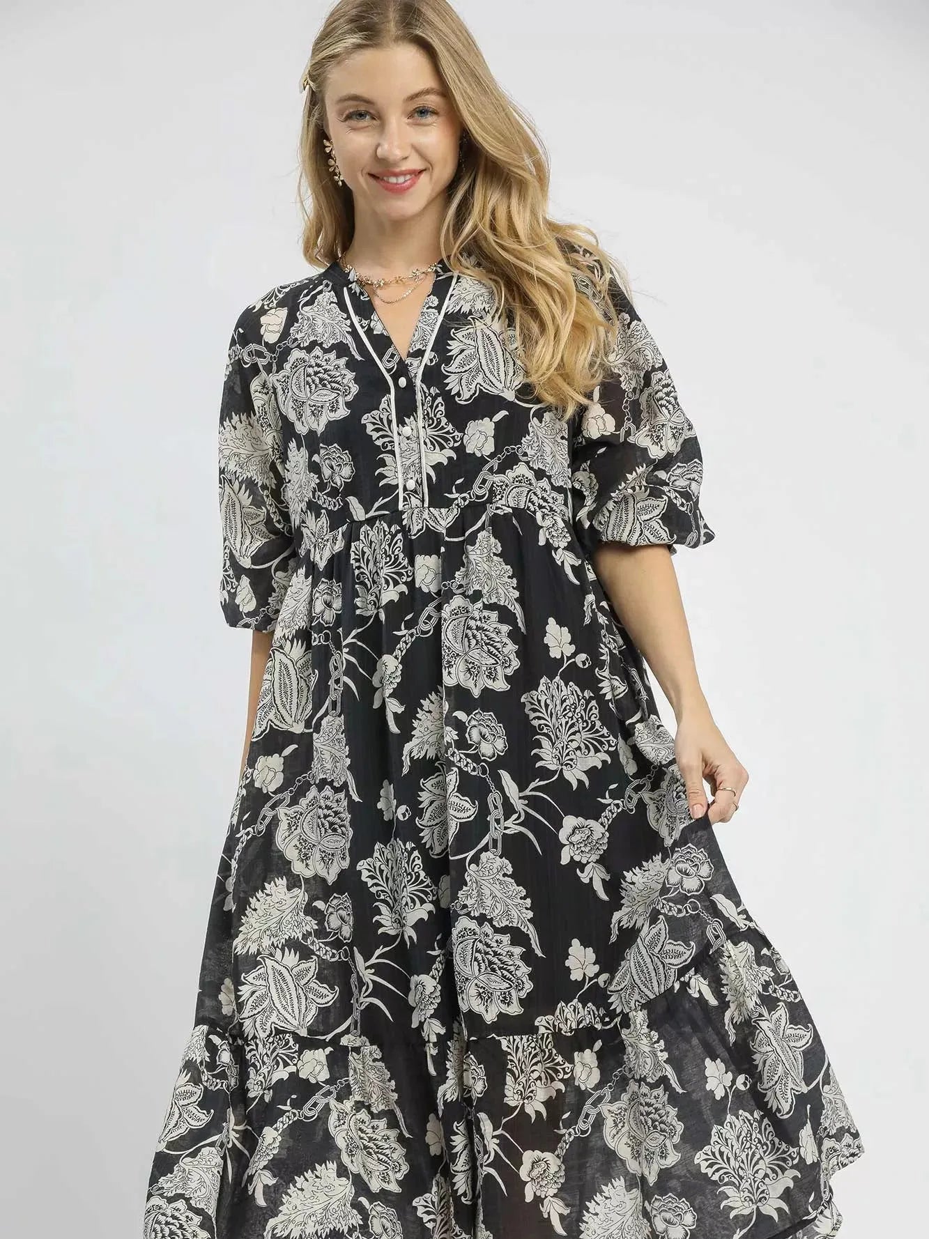 Umgee Midnight Meadow Boho Floral Midi Dress-Women's Dresses-Shop Z & Joxa