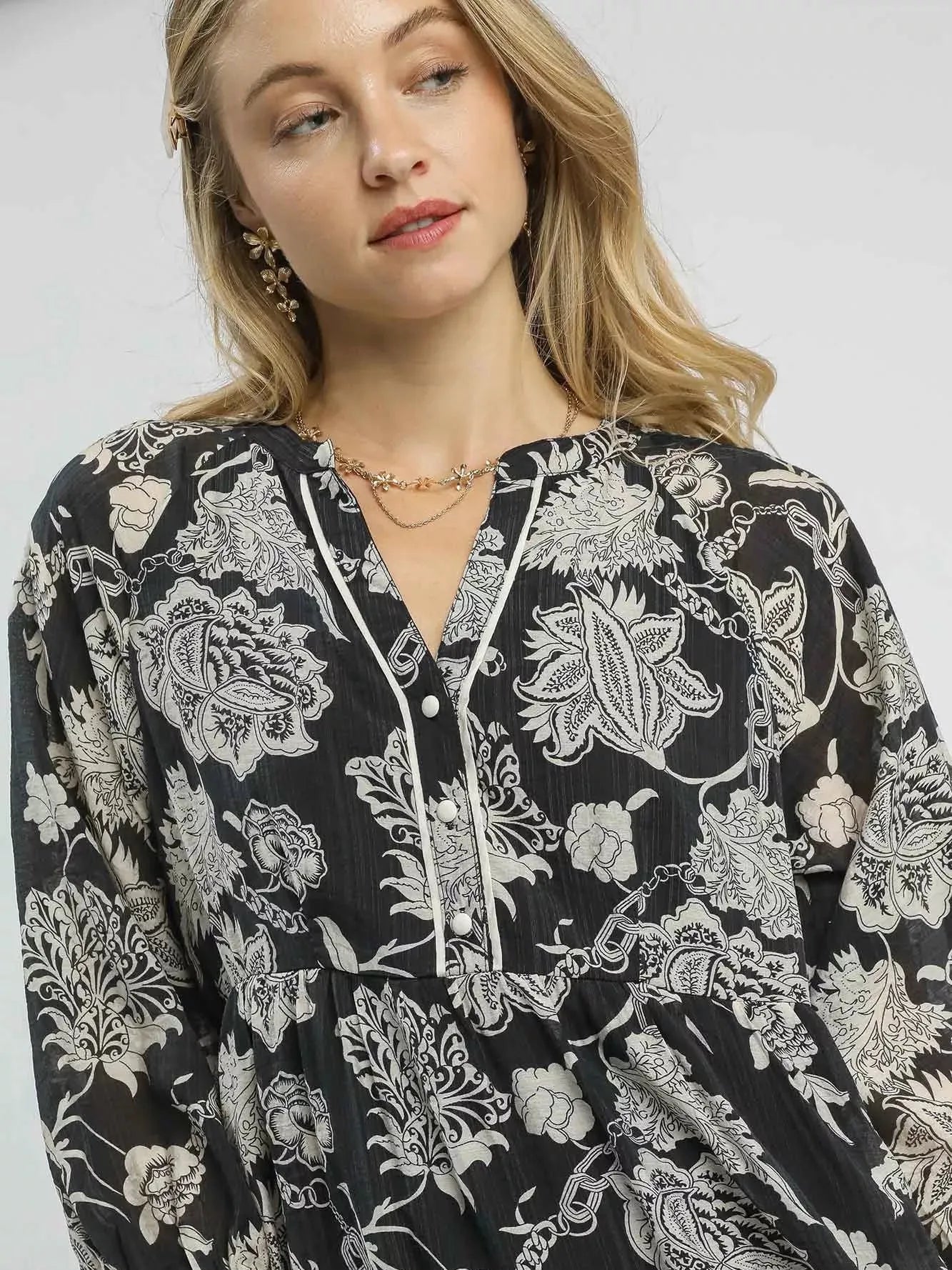 Umgee Midnight Meadow Boho Floral Midi Dress-Women's Dresses-Shop Z & Joxa